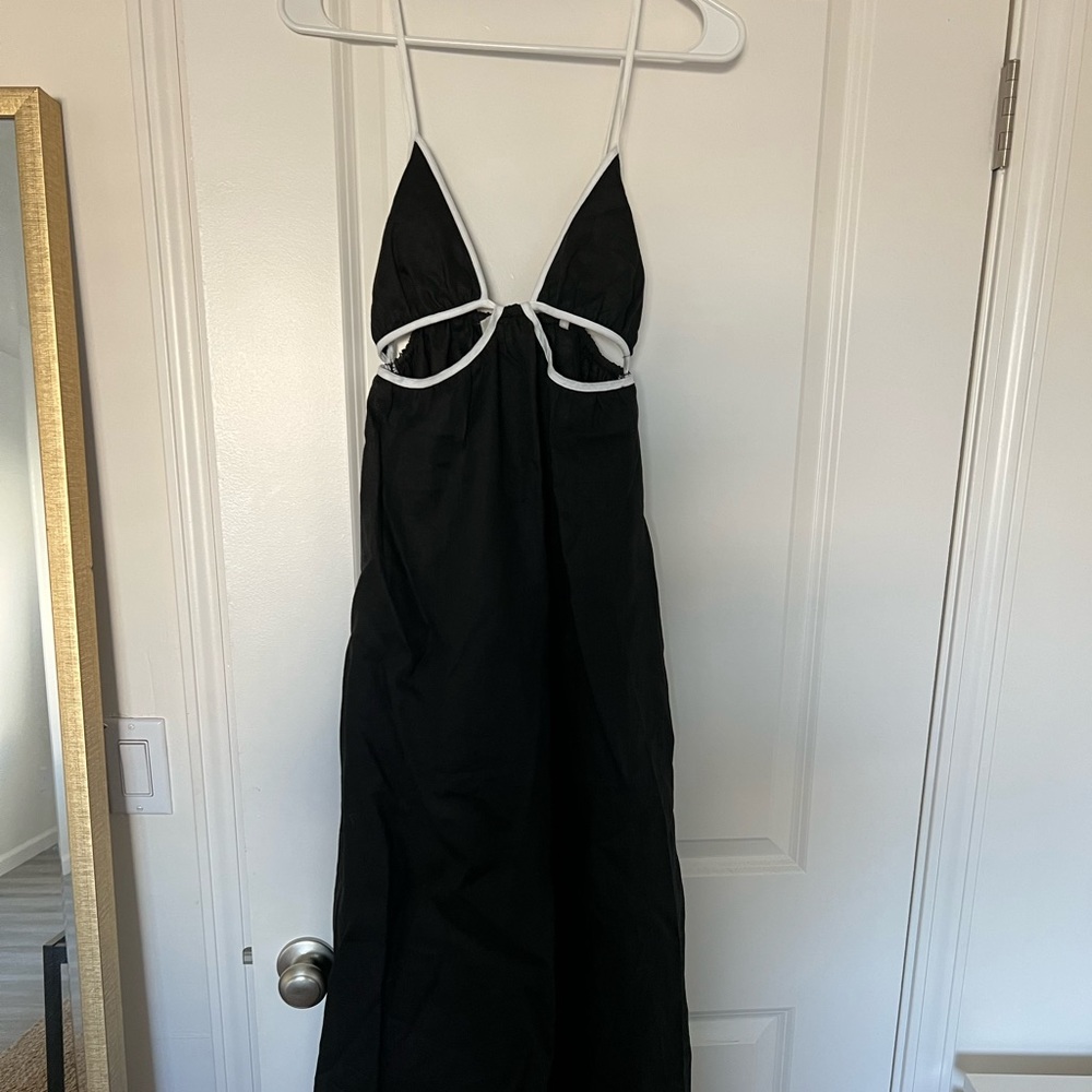 Dish maxi black linen dress with cutouts and white trim